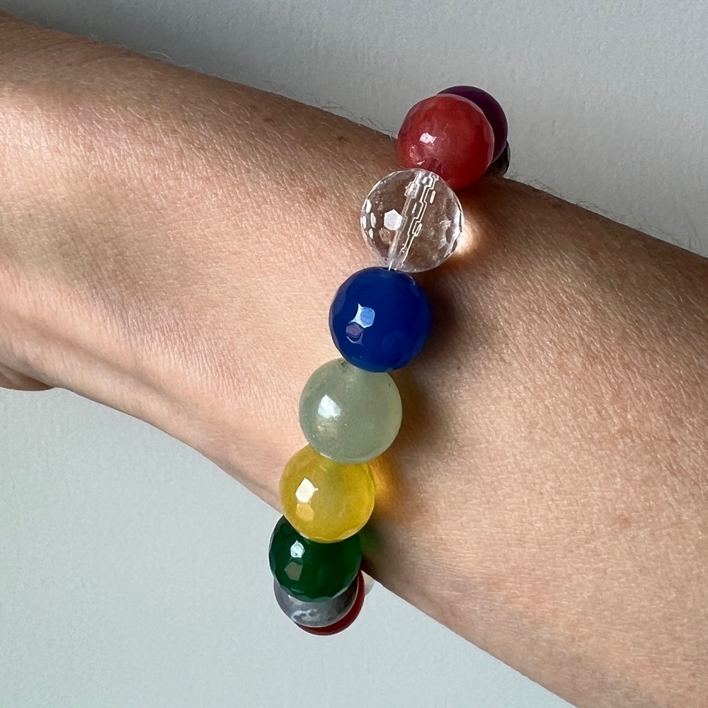 Semiprecious gemstone rainbow round bead chunky bauble beaded stacking bracelet